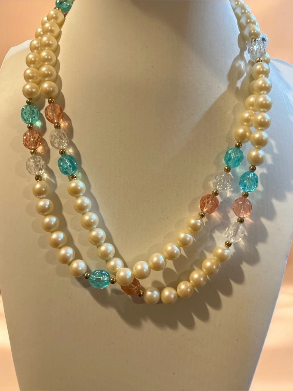 Pearl & Crystal Multi-Strand Necklace in Cream, Aqua, Pink
